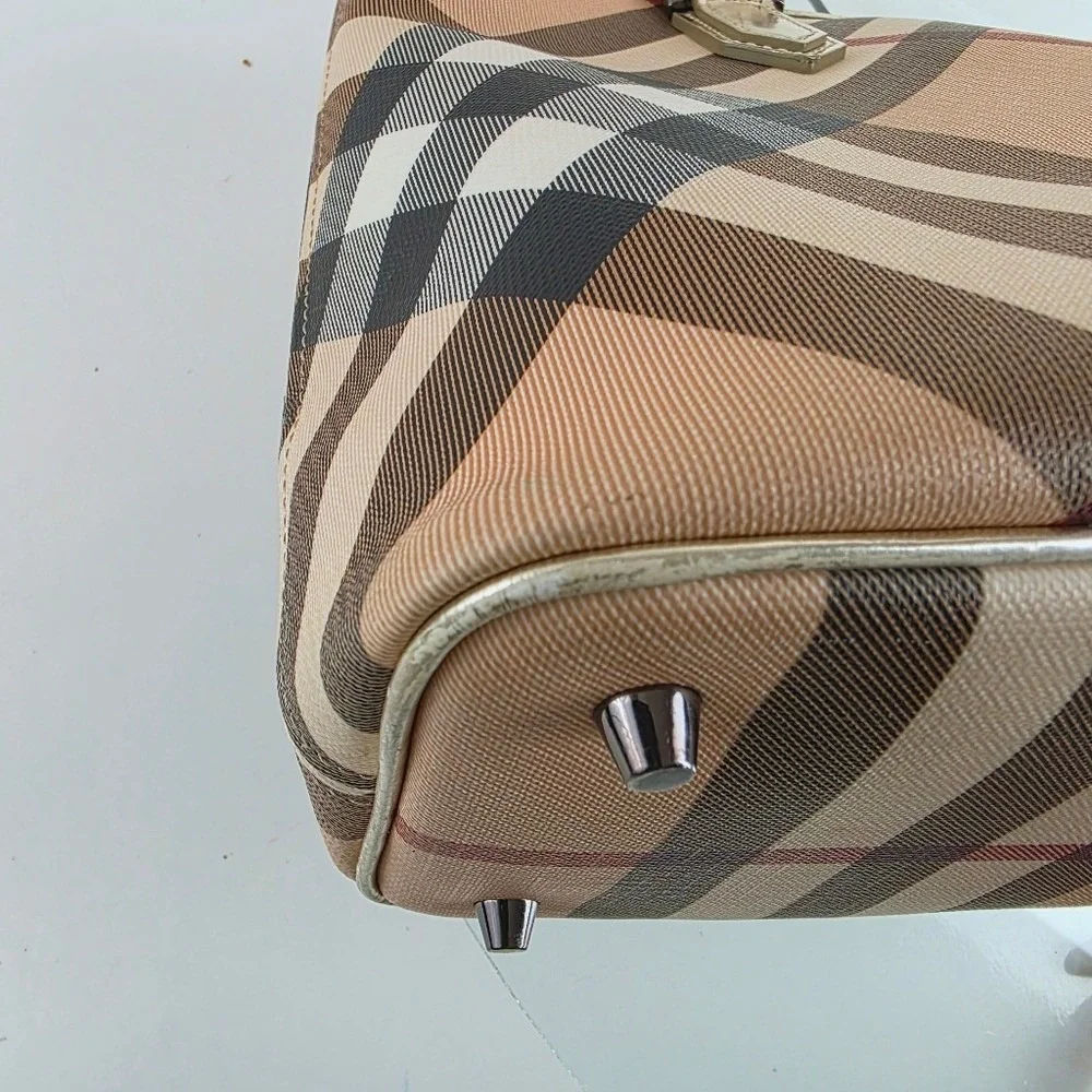 Burberry Supernova Check Tote Regent Coated Canvas Patent Leather Gold Beige
